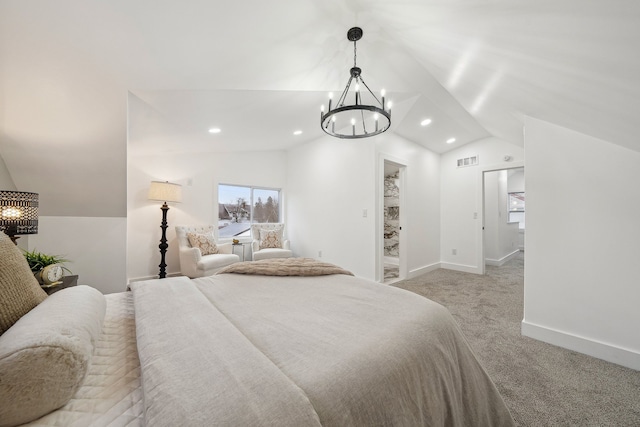 bedroom with lofted ceiling, recessed lighting, visible vents, baseboards, and carpet