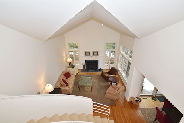 living area featuring high vaulted ceiling, a fireplace with raised hearth, and wood finished floors