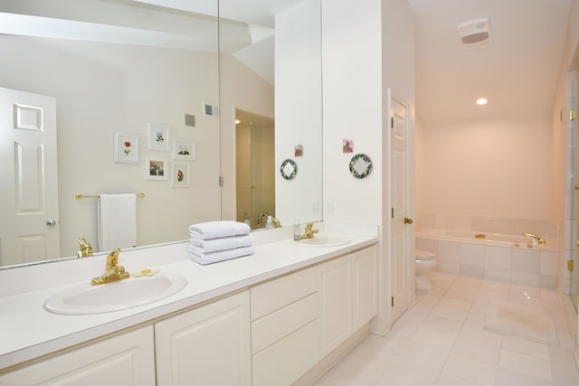 full bathroom with lofted ceiling, a stall shower, a sink, and a bath