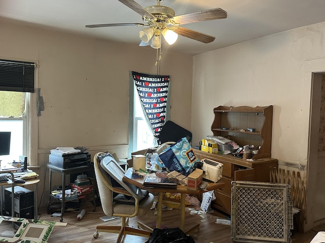 home office with a healthy amount of sunlight, wainscoting, and wood finished floors