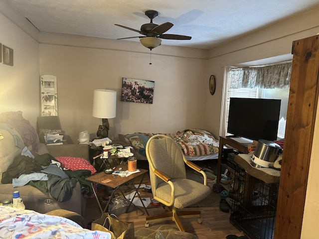 interior space featuring a ceiling fan and wood finished floors