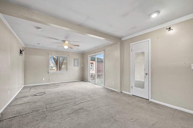 empty room featuring a ceiling fan, baseboards, ornamental molding, and carpet flooring