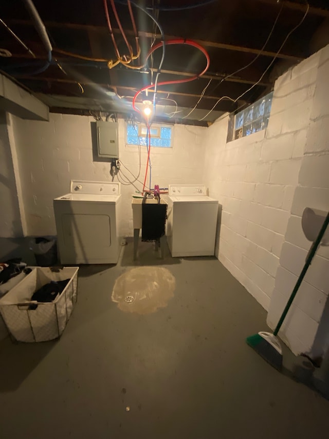 below grade area with washer and dryer, electric panel, and a sink