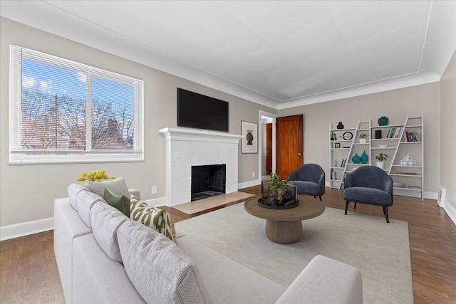 living room featuring wood finished floors, a fireplace, and baseboards