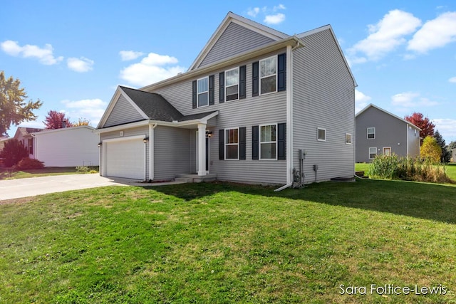 view of front of property featuring an attached garage, a front lawn, and concrete driveway