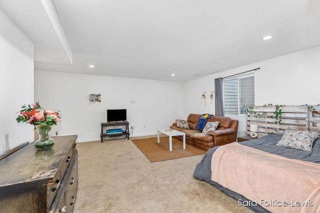 carpeted bedroom with recessed lighting and baseboards