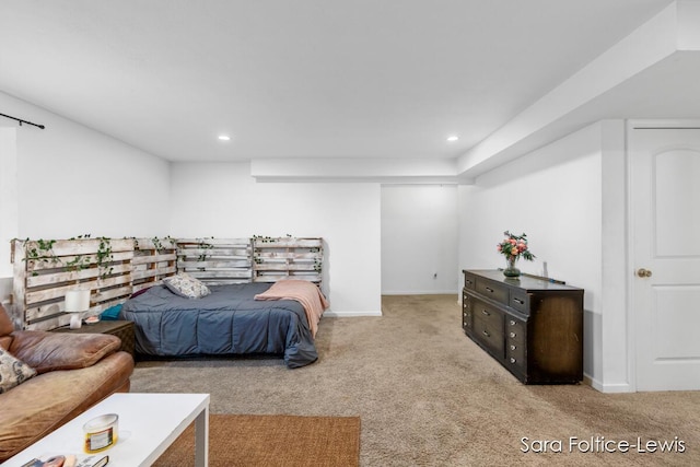 bedroom featuring baseboards, carpet, and recessed lighting