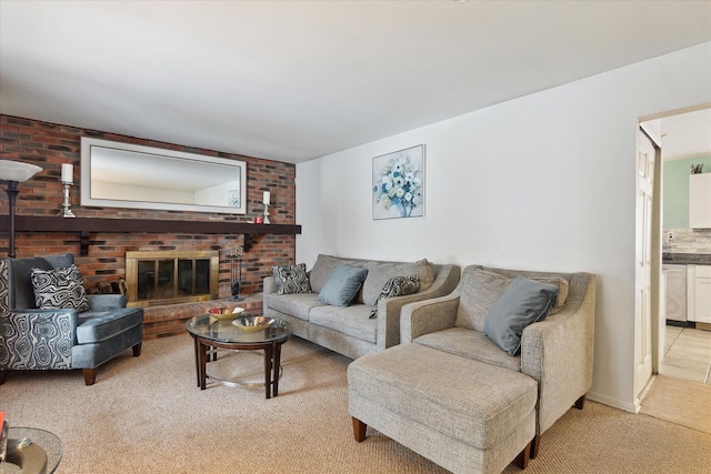 living room with a fireplace and light colored carpet