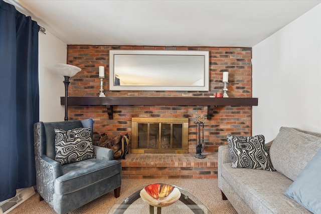 carpeted living room featuring a brick fireplace