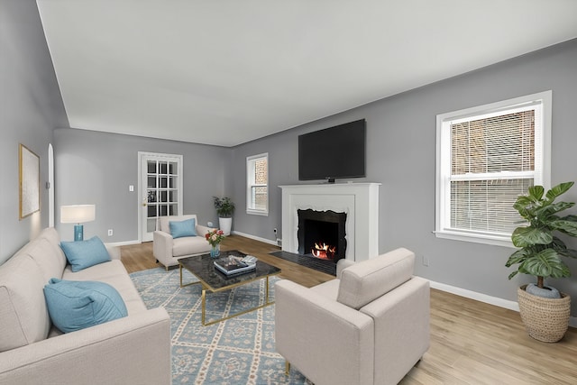 living area featuring a fireplace with flush hearth, baseboards, and wood finished floors