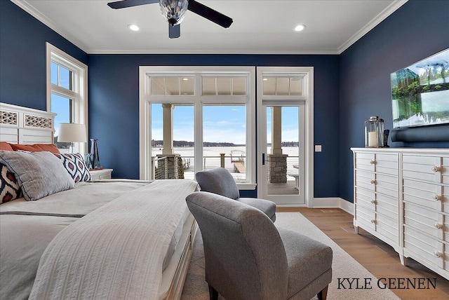 bedroom with access to outside, crown molding, baseboards, and wood finished floors