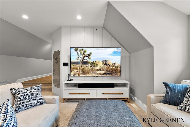 home theater room with lofted ceiling, baseboards, and recessed lighting