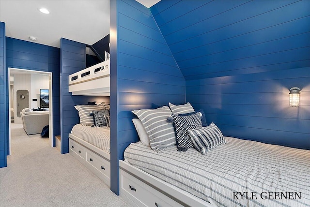 bedroom with recessed lighting and light colored carpet