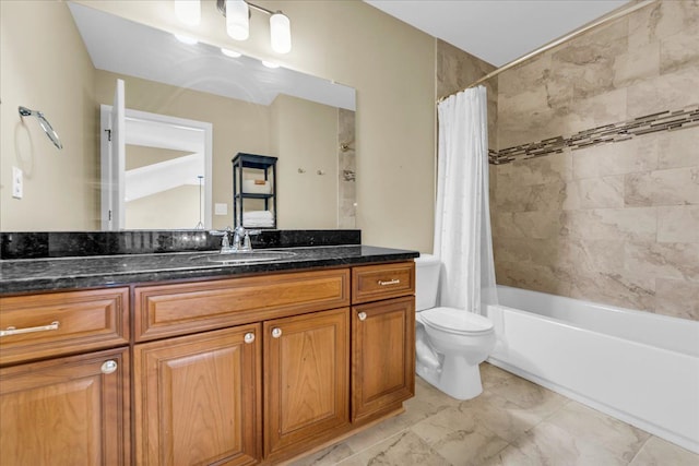 bathroom with toilet, shower / tub combo with curtain, and vanity