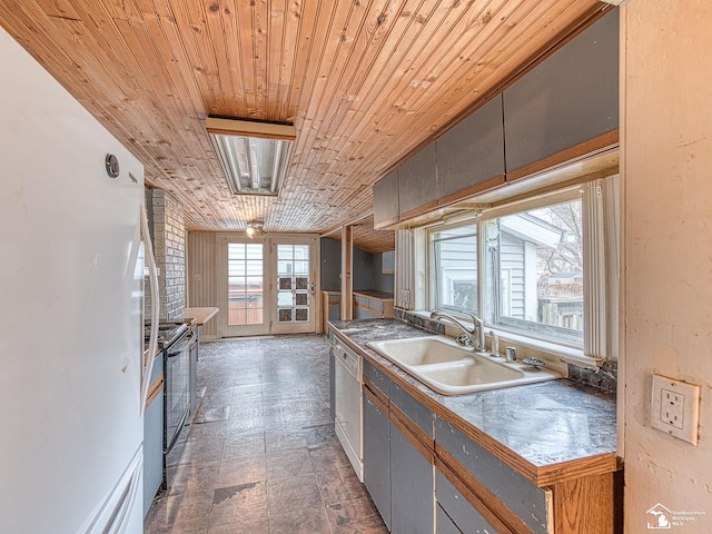 kitchen featuring white appliances, wooden ceiling, and a sink