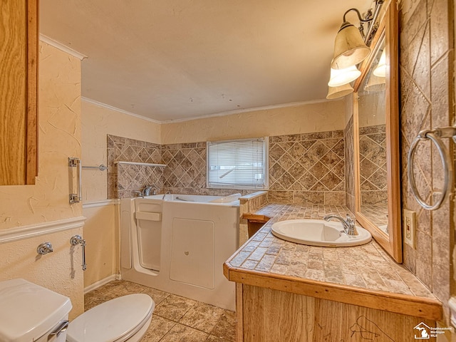 bathroom featuring a textured wall, toilet, ornamental molding, a garden tub, and vanity