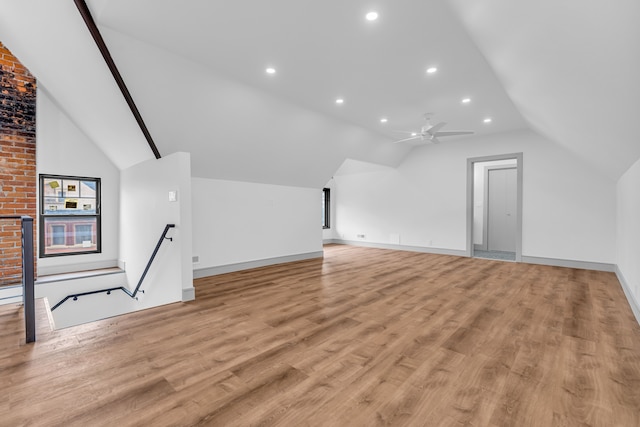 bonus room with baseboards, ceiling fan, vaulted ceiling, light wood-style floors, and recessed lighting