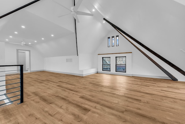 additional living space with light wood-type flooring, visible vents, ceiling fan, and recessed lighting