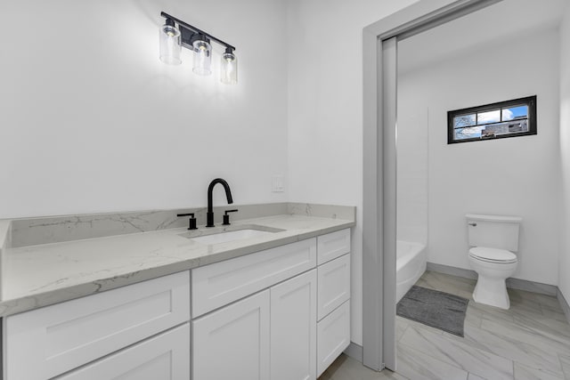 full bath featuring a shower, marble finish floor, toilet, vanity, and a bath