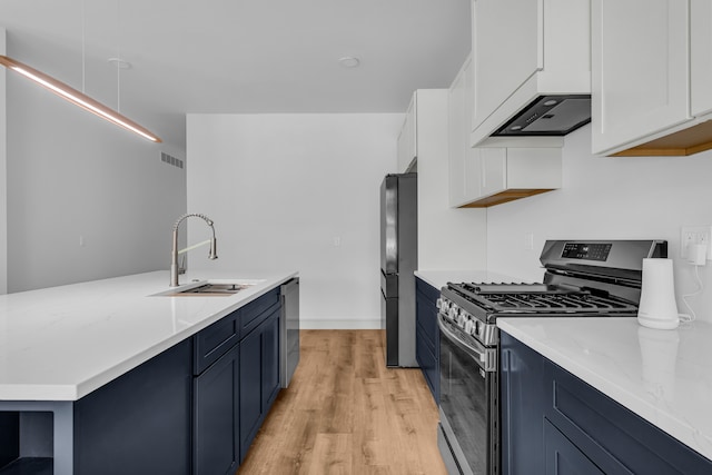 4301 Avery St, Detroit, MI 48208 - kitchen with stainless steel appliances, a sink, blue cabinetry, and light wood finished floors