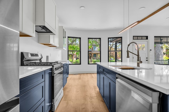 4301 Avery St, Detroit, MI 48208 - kitchen featuring appliances with stainless steel finishes, a sink, blue cabinetry, light countertops, and light wood-style floors