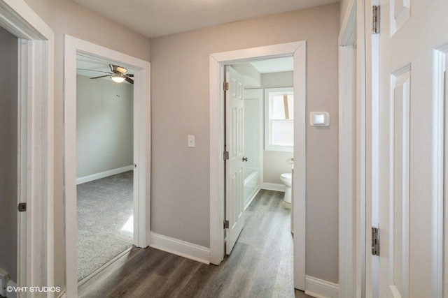 corridor with dark wood-type flooring and baseboards