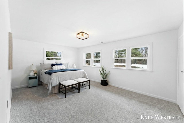 bedroom featuring multiple windows, baseboards, and carpet flooring