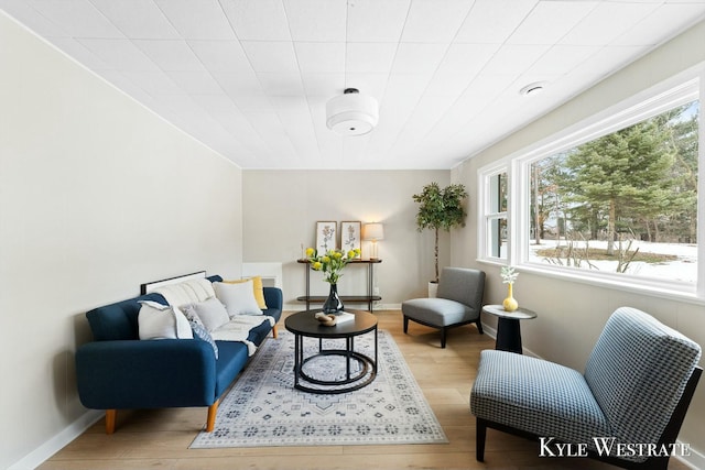 sitting room featuring a healthy amount of sunlight, light wood-style floors, and baseboards