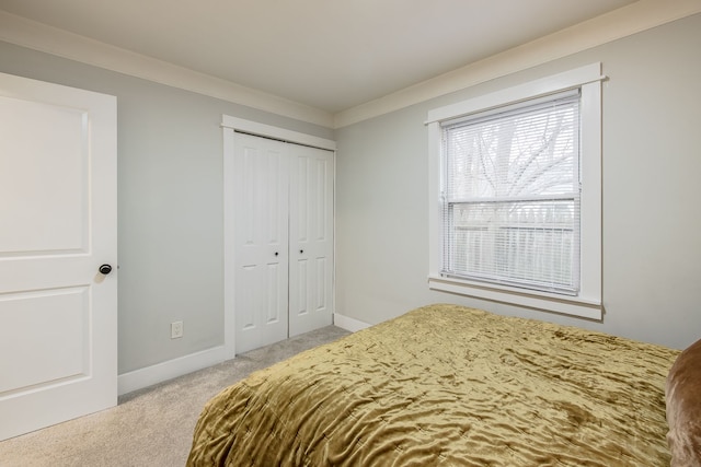 carpeted bedroom with a closet, crown molding, and baseboards