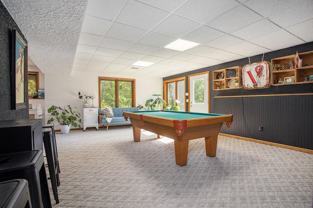 rec room with carpet floors, baseboards, a drop ceiling, and pool table