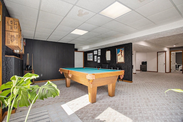 playroom with a paneled ceiling, carpet flooring, and pool table