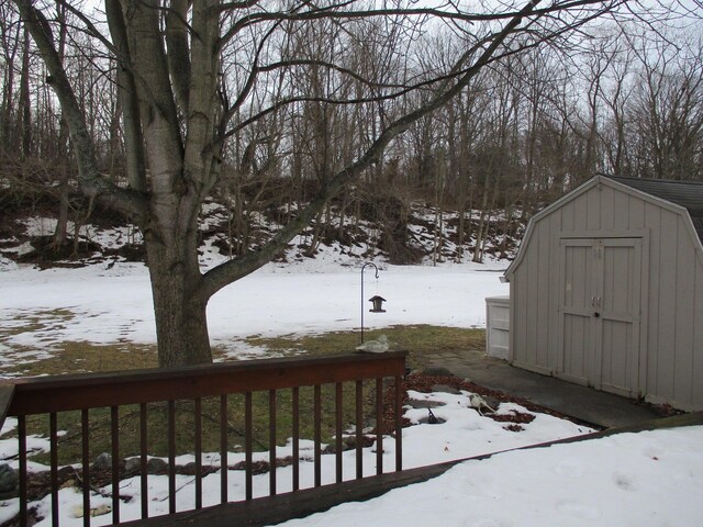 yard covered in snow with a storage unit and an outdoor structure