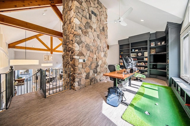 office space featuring high vaulted ceiling, beamed ceiling, and carpet floors