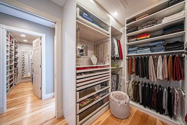 walk in closet with wood finished floors