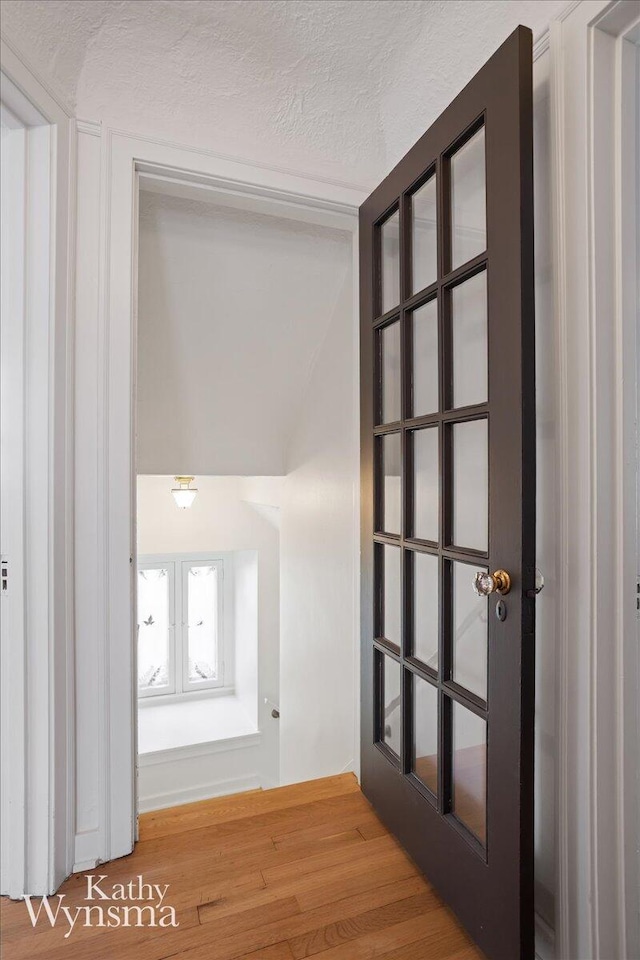 hallway featuring a textured ceiling and wood finished floors