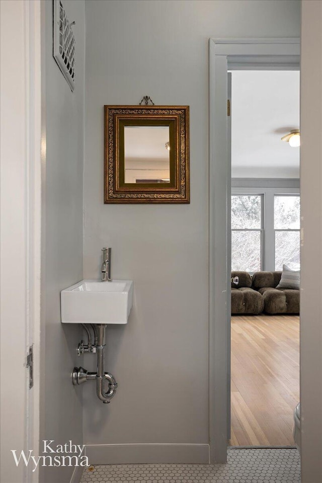 bathroom with a sink, baseboards, and wood finished floors