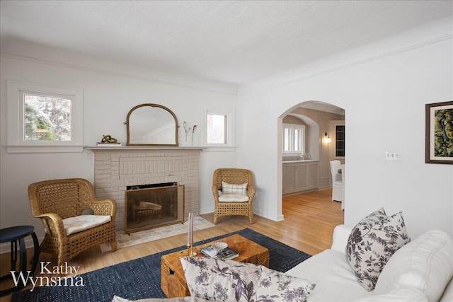 living area featuring a wealth of natural light, a brick fireplace, arched walkways, and wood finished floors