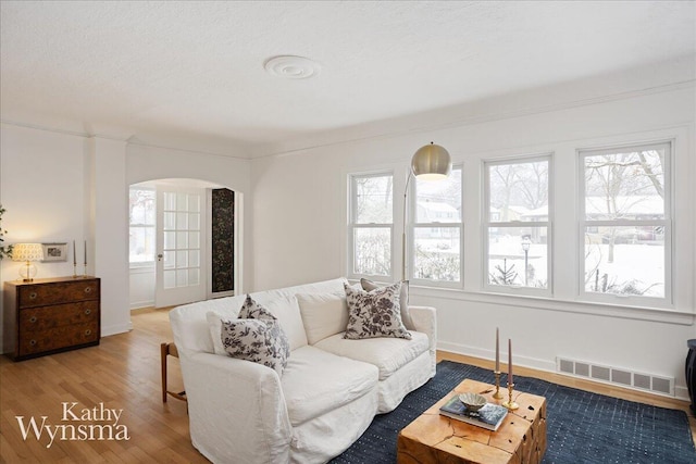 living room with arched walkways, a healthy amount of sunlight, visible vents, and wood finished floors