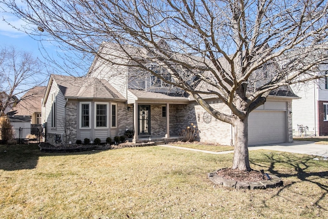 view of front of home with driveway, a garage, fence, a front yard, and brick siding