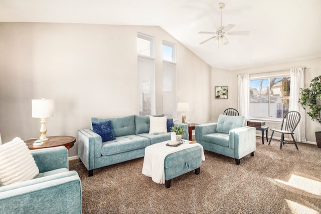 living room featuring ceiling fan, baseboards, vaulted ceiling, and carpet flooring