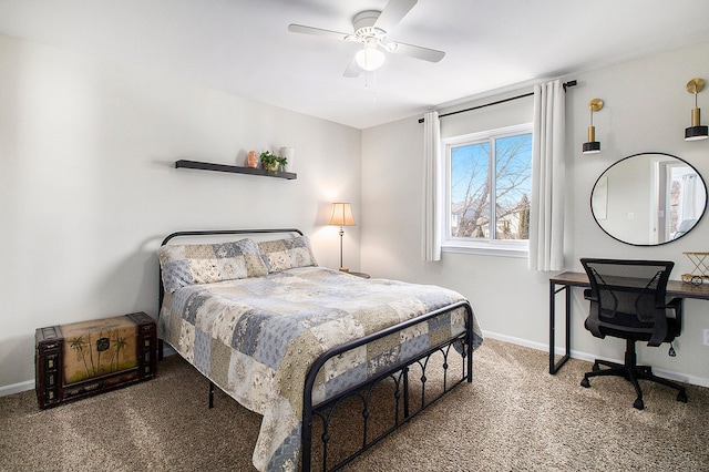 bedroom featuring carpet floors, baseboards, and a ceiling fan