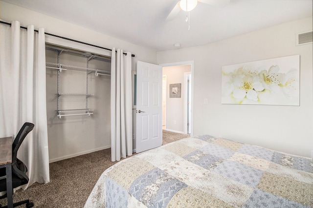 carpeted bedroom featuring a closet, visible vents, ceiling fan, and baseboards