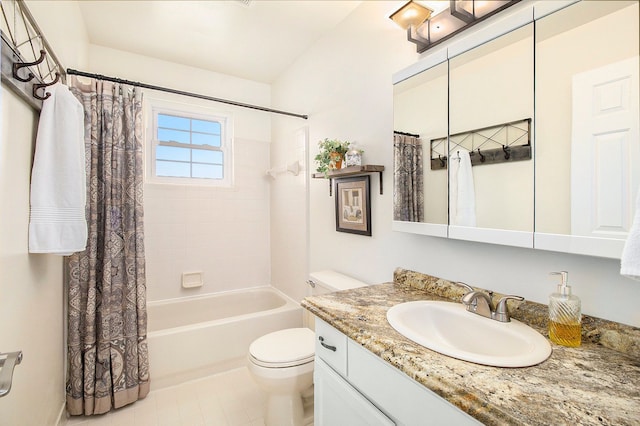 full bathroom with shower / bathtub combination with curtain, vanity, and toilet