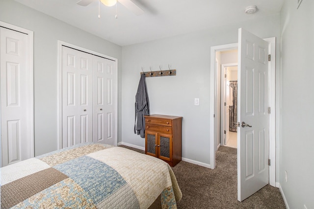 carpeted bedroom featuring ceiling fan, baseboards, and a closet