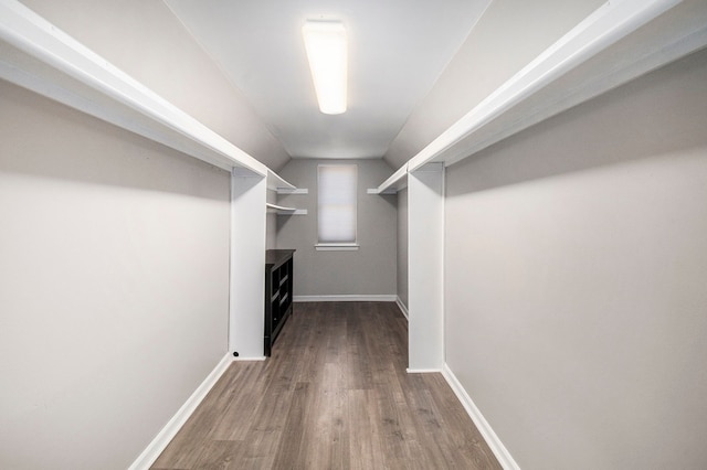 walk in closet with lofted ceiling and wood finished floors