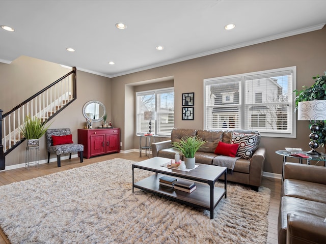 living area with crown molding, recessed lighting, stairway, wood finished floors, and baseboards