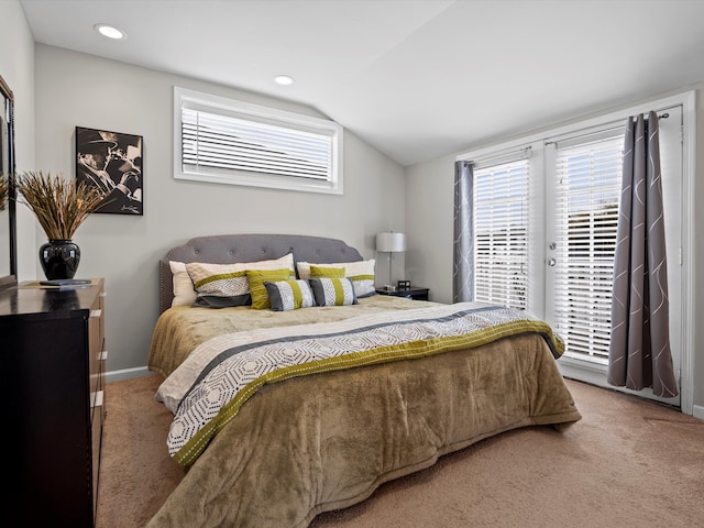 bedroom featuring access to exterior, baseboards, vaulted ceiling, and carpet flooring