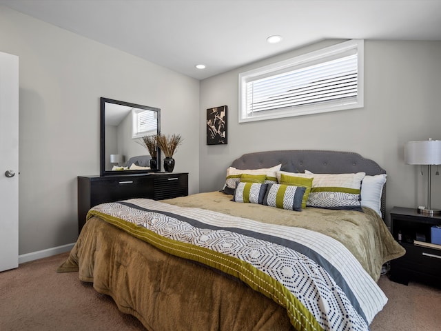 carpeted bedroom with recessed lighting and baseboards