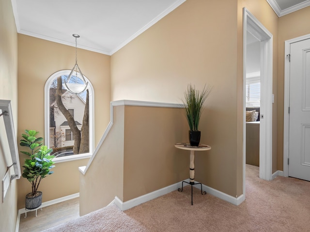 hall with ornamental molding, carpet, baseboards, and an upstairs landing