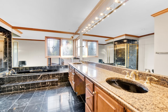 full bathroom featuring a garden tub, double vanity, ornamental molding, a stall shower, and a sink